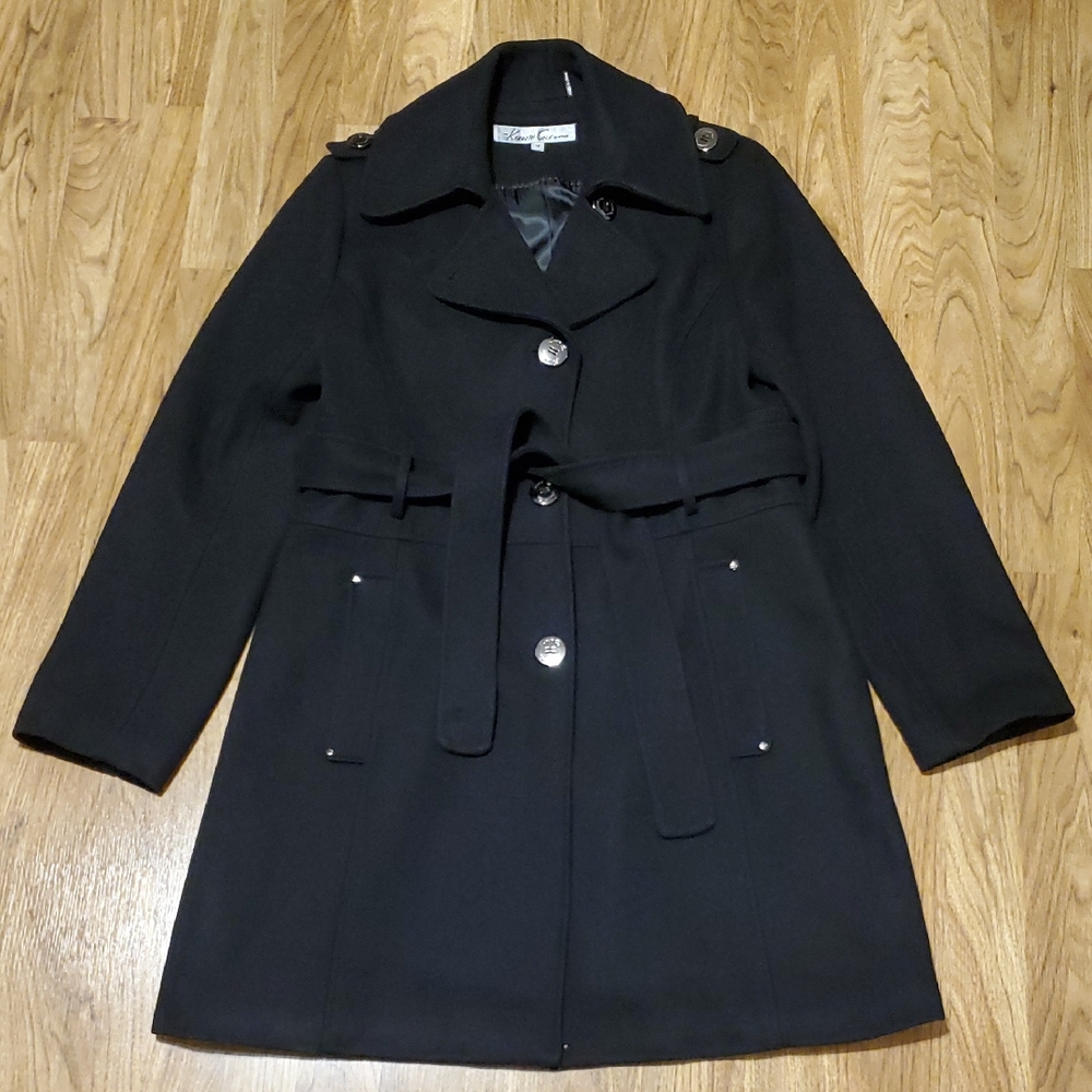 Kenneth Cole New York Wool Blend Belted Black Trench Coat Womens Size 12